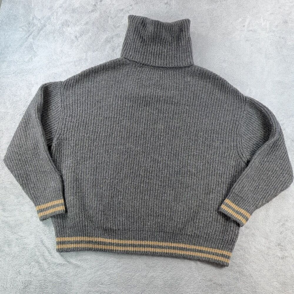 ZARA Wool Blend Turtleneck Sweater Womens Medium Gray Striped Knit Long Sleeve